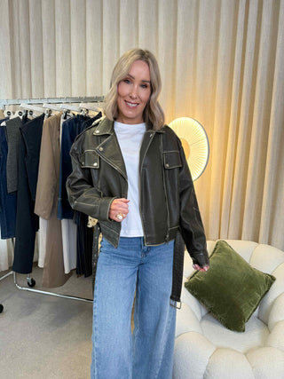 Freya Faux Leather Jacket - Khaki