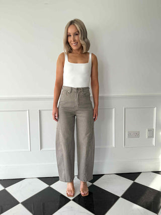 Carly Herringbone Check Barrel Leg Jeans