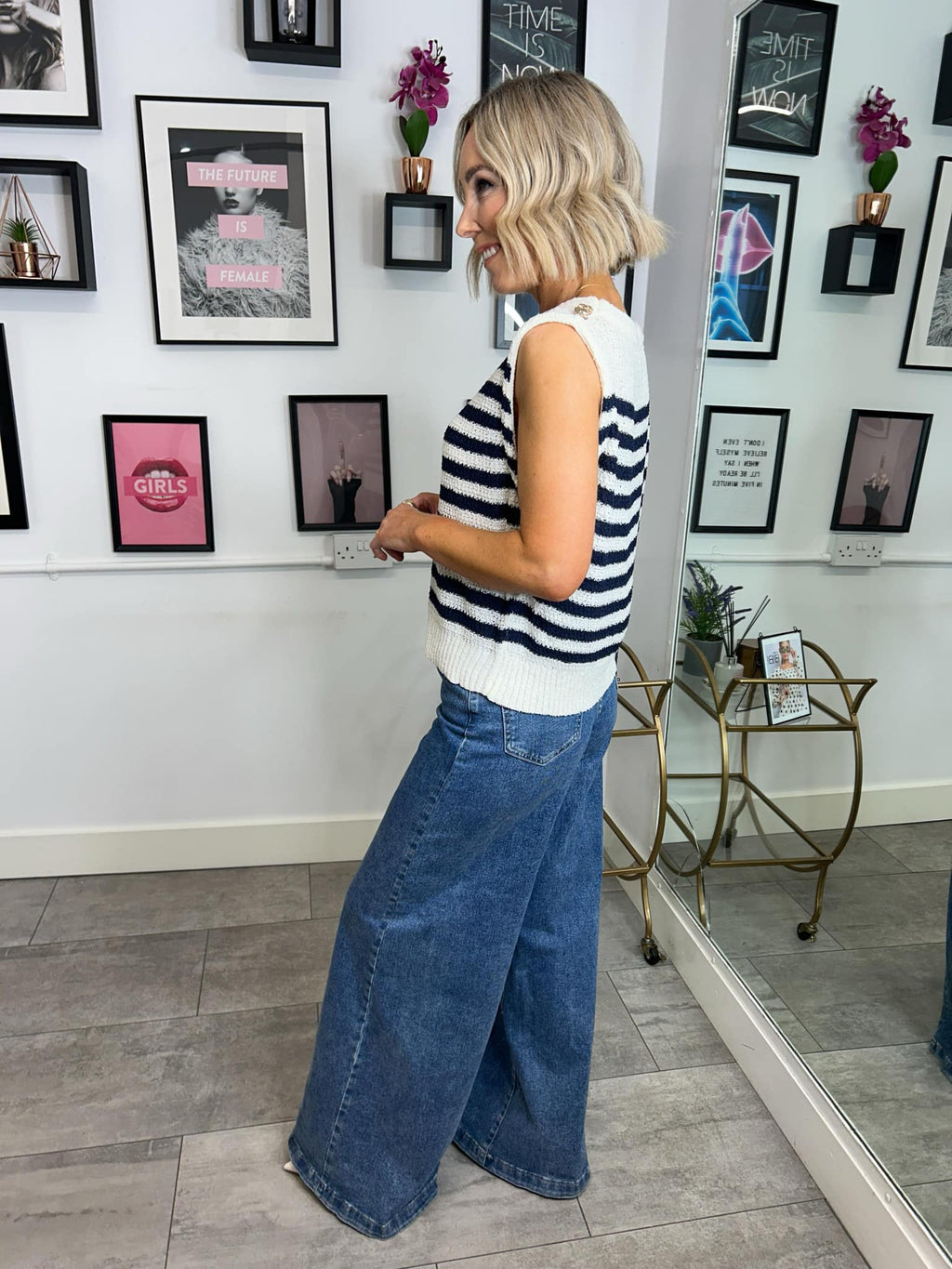 Morgan Knitted Tank Top - Apricot/Blue
