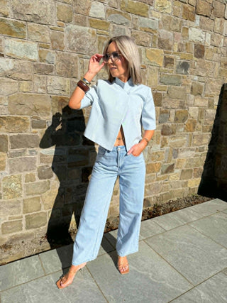 Jess Funnel Neck Short Blazer - Light Blue