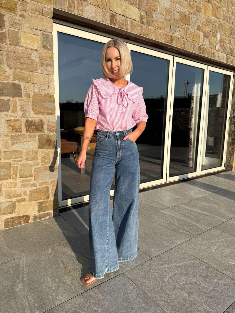 Casie Striped Frill Neck Blouse - Pink