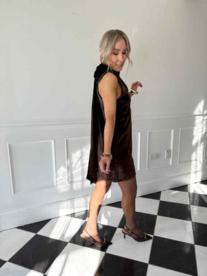 Bella Bow Velvet Mini Dress - Brown