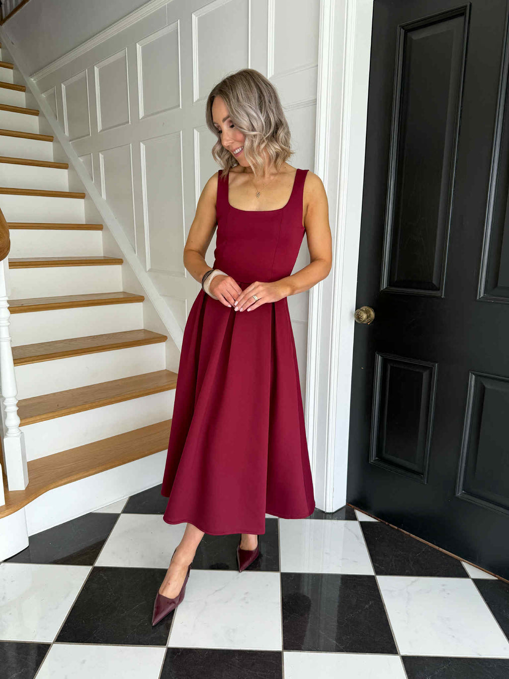 Erica Square Neck Pleated Midi Dress Berry