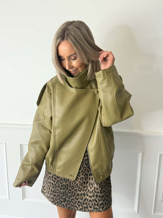 Cleo PU Funnel Neck Jacket - Olive