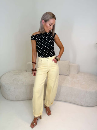 Faith Stretchy Polka Dot Asymmetric Top - Black/White