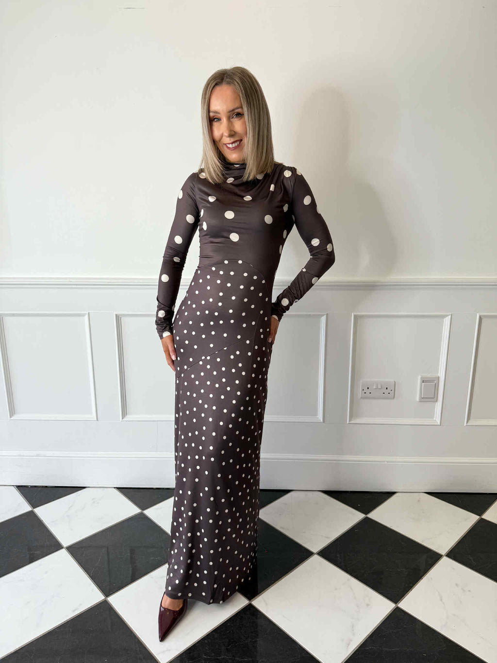 Delilah Asymmetric Jersey Maxi Dress - Polka Dot