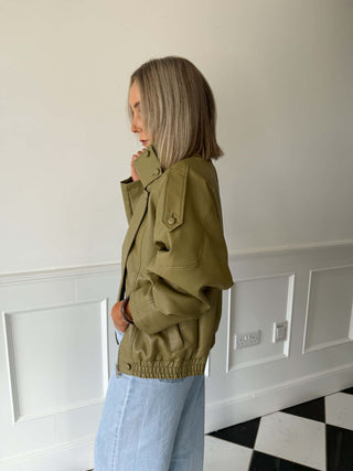 Cleo PU Funnel Neck Jacket - Olive