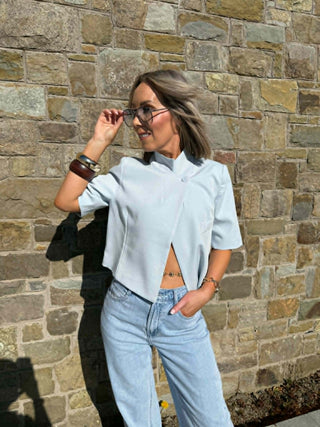 Jess Funnel Neck Short Blazer - Light Blue