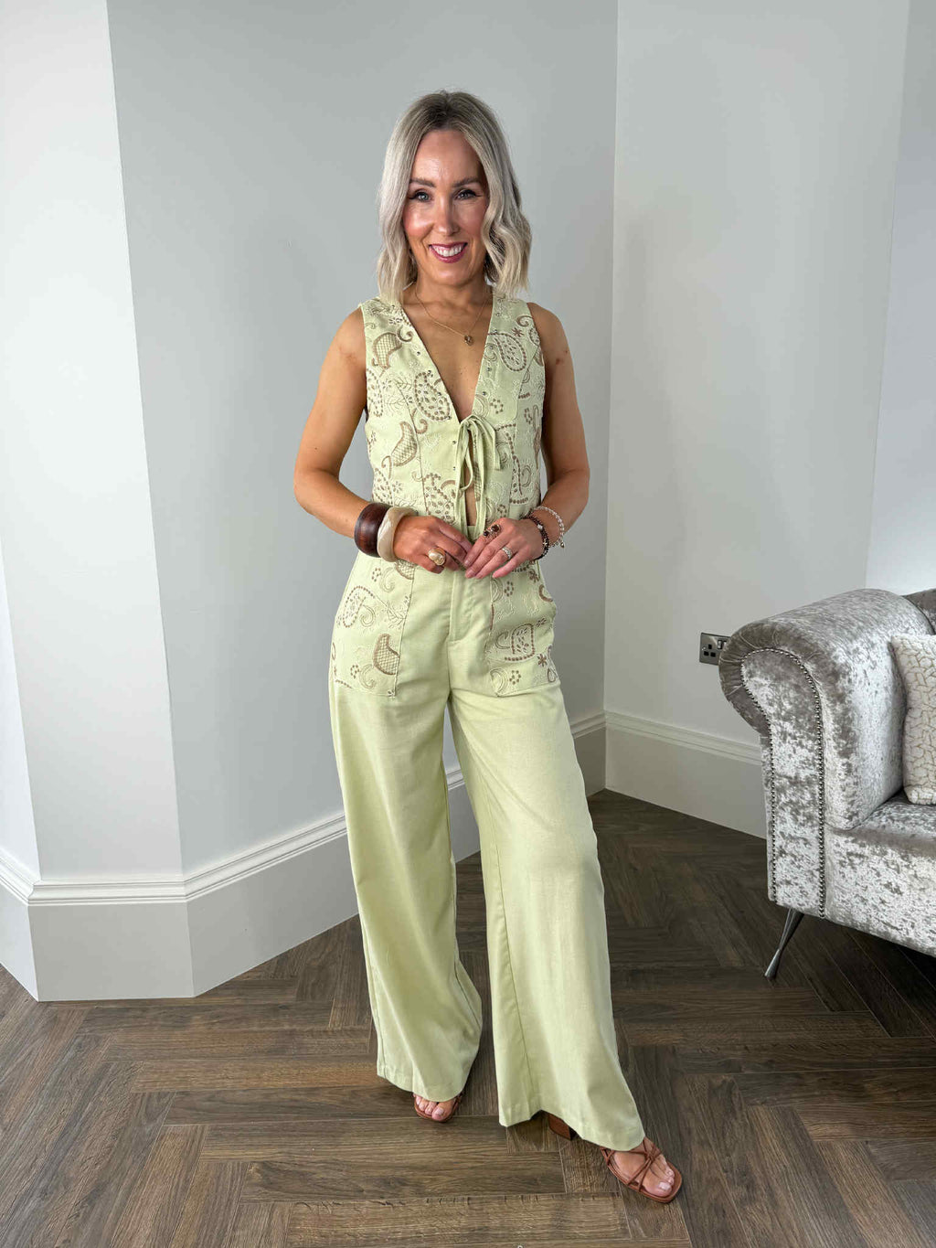 Mel Linen Embroidered Trousers - Green
