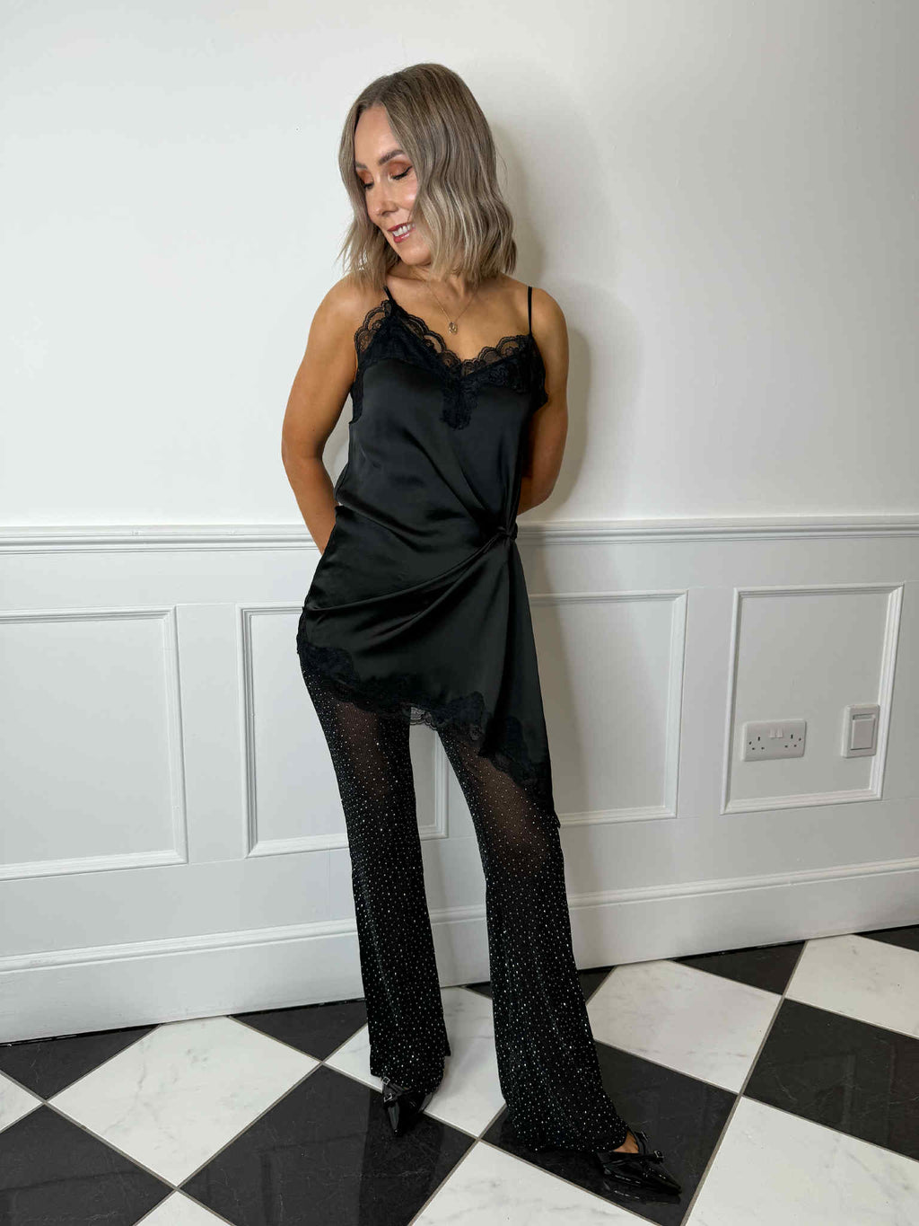 Lacey Satin Strap Dress - Black