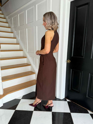 Eris Pocket Detail High Neck Midi Dress Brown
