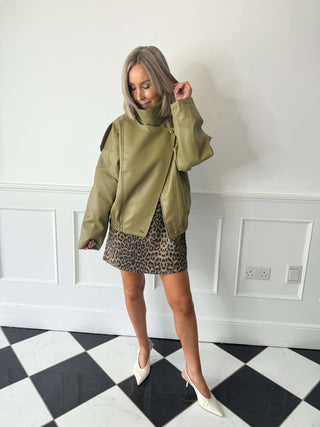 Cleo PU Funnel Neck Jacket - Olive