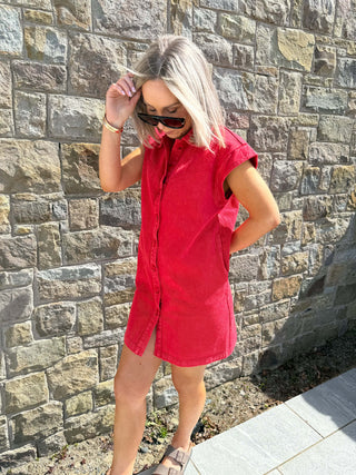 Ozzi Sleeveless Denim Dress - Red