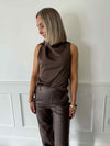 Breya Scarf Satin Top - Chocolate Brown