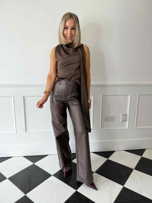 Breya Scarf Satin Top - Chocolate Brown