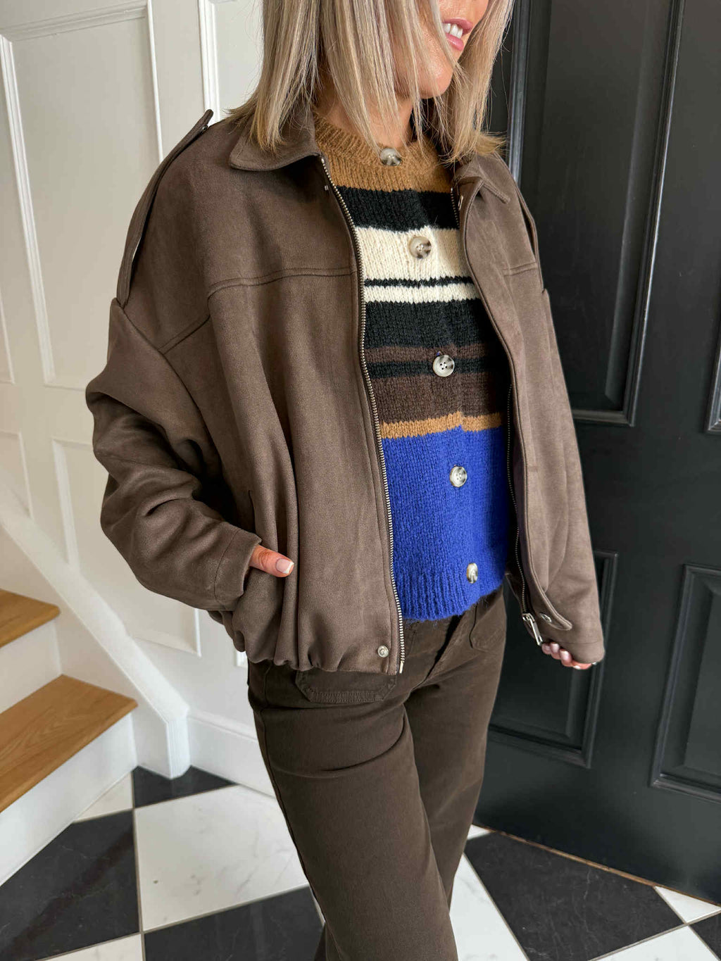 Leona Faux Suede Bomber Jacket - Brown