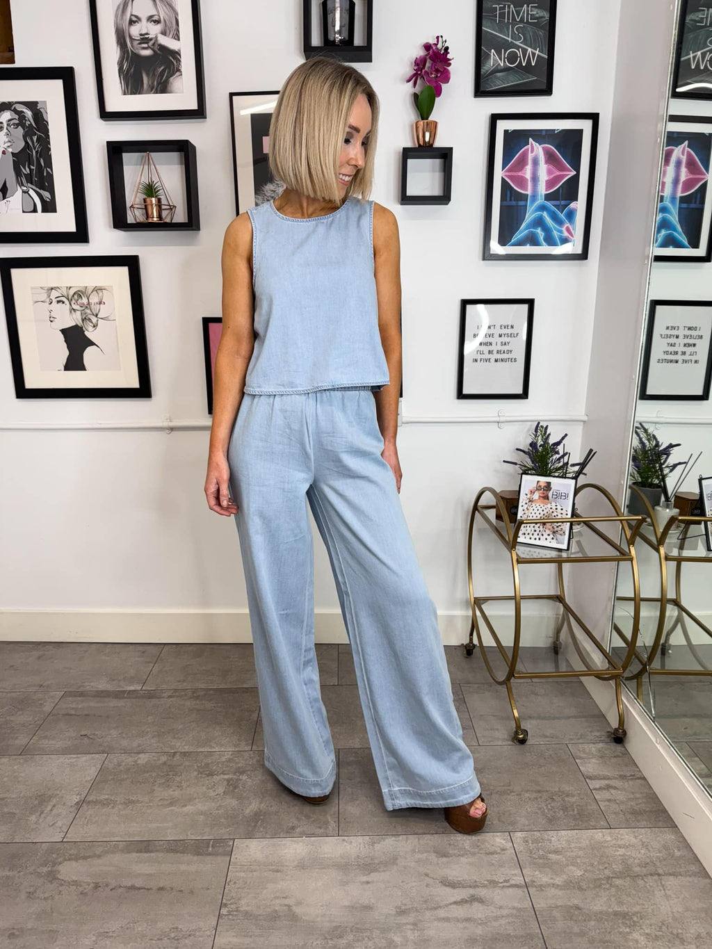 Smidi Wide Leg Denim Pants - Light Blue Denim