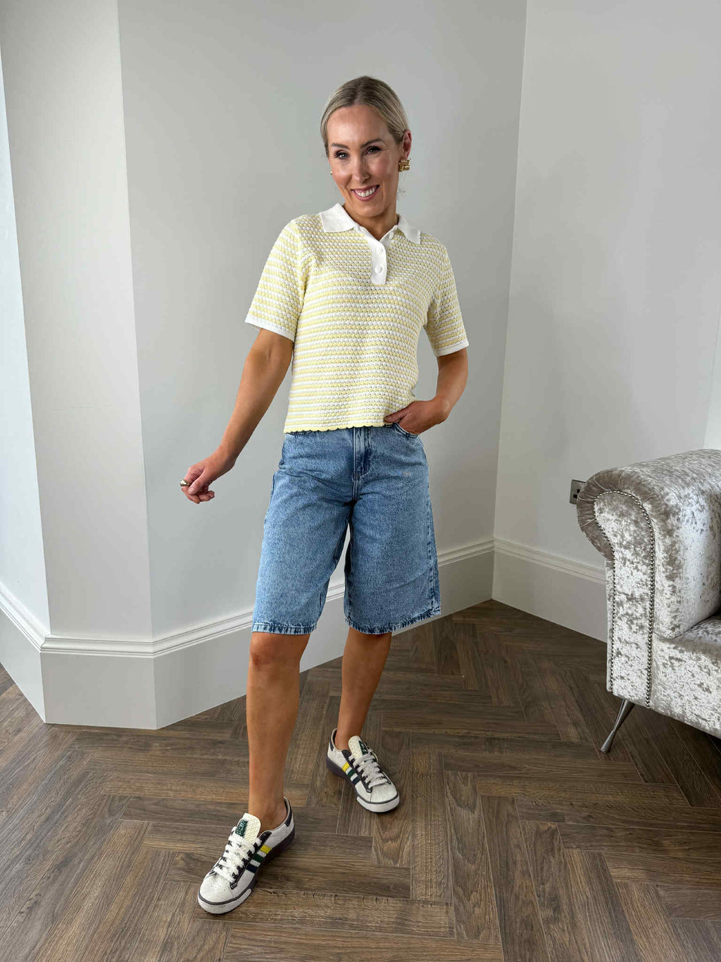 Leni Striped Crochet Polo Top - Yellow/White