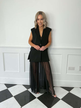 Mya Sheer Mesh Ankle Skirt - Black