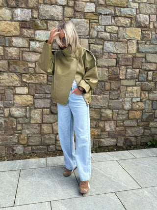 Cleo PU Funnel Neck Jacket - Olive