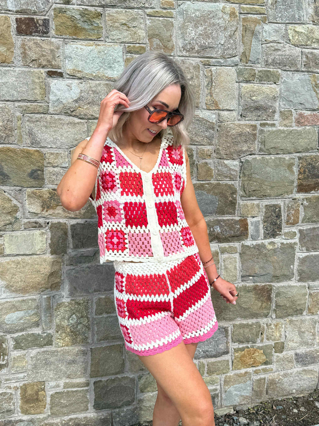 Willa Crochet Sleeveless Cardigan - Red/Pink