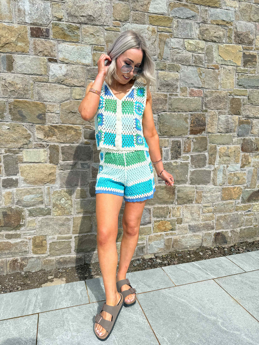 Willa Crochet Sleeveless Cardigan - Blue/Green