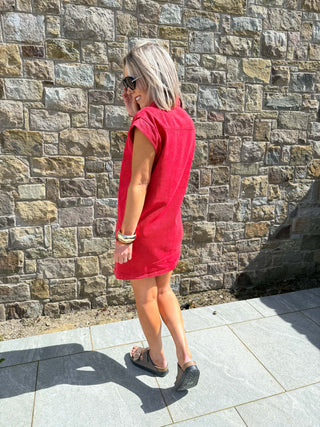 Ozzi Sleeveless Denim Dress - Red