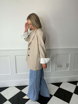 Lou Single Breasted Blazer - Light Beige Pinstripe