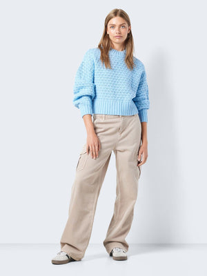 - Knitted pullover  - Round neckline  - Long sleeves with dropped shoulders  - Voluminous sleeves  - Ribbed neckline, hem and cuffs  - Chunky knit  - Made with recycled polyester  - Relaxed fit