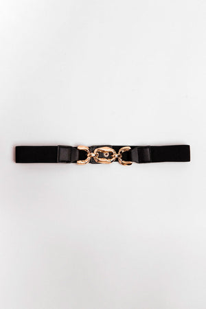 Elasticated belt with hook fastening.