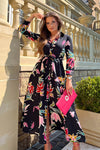 Add serious seasonal vibes style to your wardrobe this season with our new Brielle Black Floral Shirt Maxi Dress. Featuring long sleeves with tailored cuffs, a tie waist, shirt collar, and button detailing to the front. 
