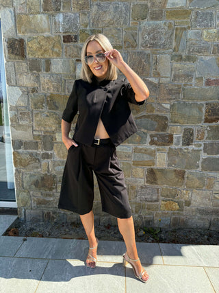 Jess Funnel Neck Short Blazer - Black