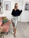 Izzy Metallic Pocketed Midi Skirt - Silver