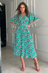 Featuring a wrap over neckline &amp; delicate pleated angel sleeves, this midi dress cinches you in at the waist with a large belt with buckle detail creating the perfect silhouette. The invisible zip fastening is perfect for easy on and the pleated midi skirt creates a soft &amp; feminine vibe.