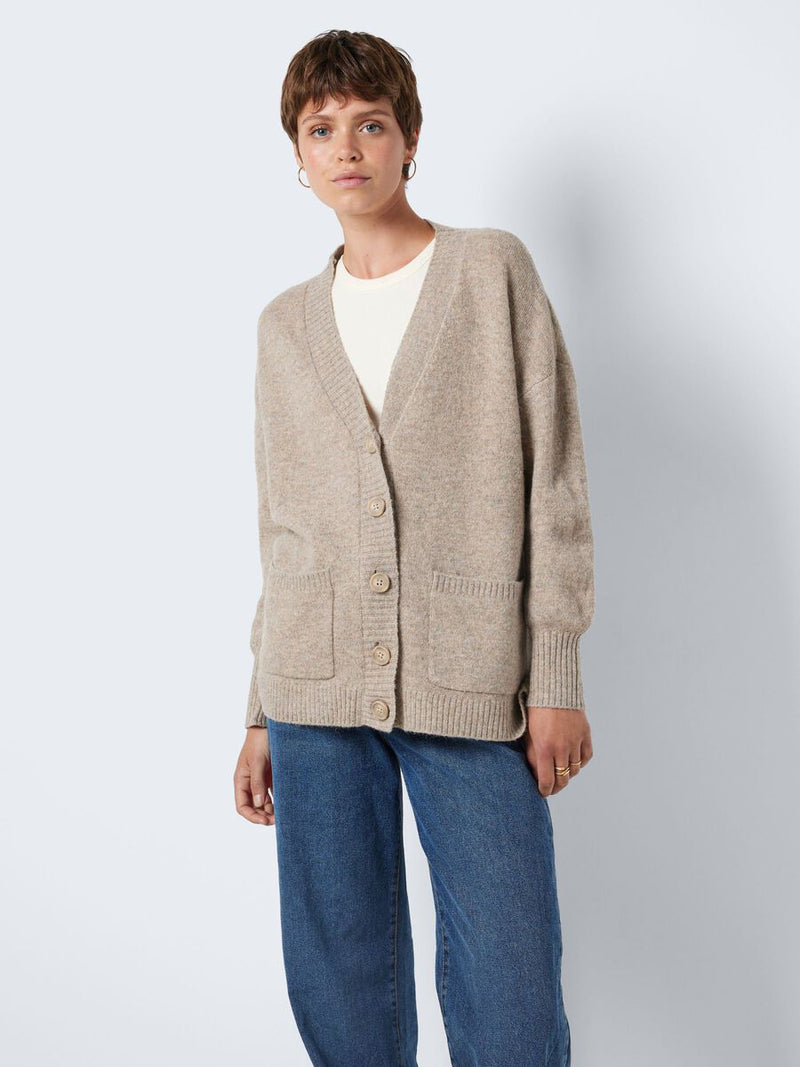 - Knitted cardigan  - Button fastenings through front  - V-neck  - Long sleeves with dropped shoulders  - Ribbed neckline, hem and cuffs  - Front patch pockets  - Relaxed fit