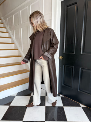 PRE ORDER Willow Long Faux Leather Trench Coat - Chocolate