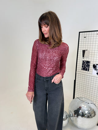 Nico Deer Print Mesh Top - Burgundy
