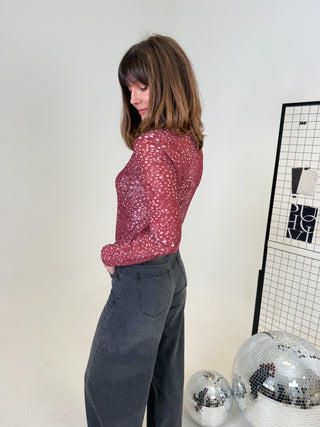 Nico Deer Print Mesh Top - Burgundy