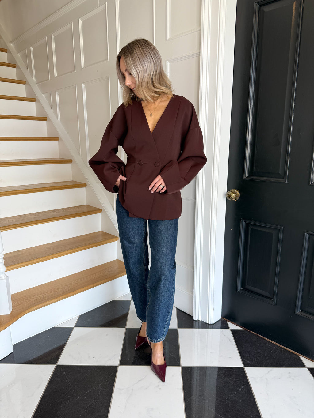 Tori Collarless Balloon Sleeve Blazer - Burgundy