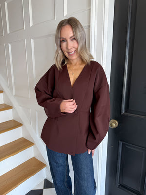 Tori Collarless Balloon Sleeve Blazer - Burgundy
