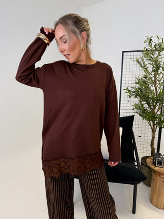 Elle Lace Trim Top - Chocolate