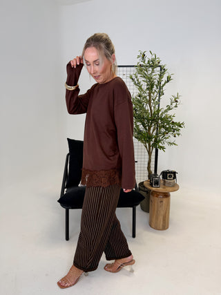 Elle Lace Trim Top - Chocolate