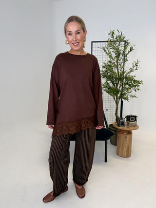 Elle Lace Trim Top - Chocolate