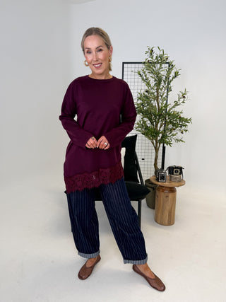 Elle Lace Trim Top - Burgundy