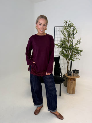 Elle Lace Trim Top - Burgundy