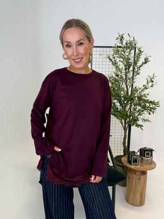Elle Lace Trim Top - Burgundy