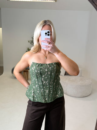 Vela Strapless Lace Corset Top - Olive