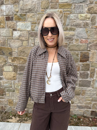 Carly Checkered Bomber Jacket - Camel/Navy