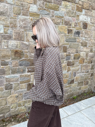 Carly Checkered Bomber Jacket - Camel/Navy