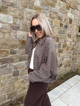 Carly Checkered Bomber Jacket - Camel/Navy